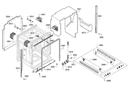 Frame & Cavity Diagram and Parts List for 63 Bosch Dishwasher