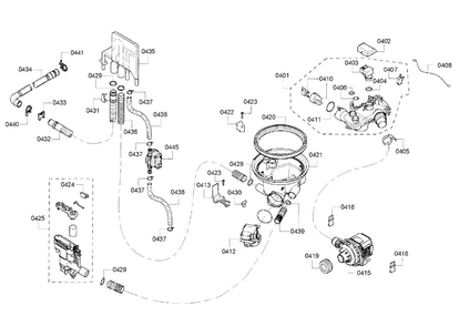 Pump Assy Diagram and Parts List for 63 Bosch Dishwasher