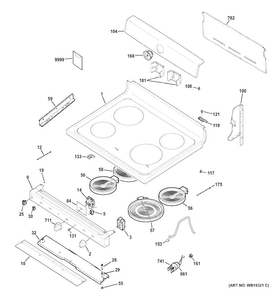 Control Panel & Cooktop Diagram and Parts List for  General Electric Range