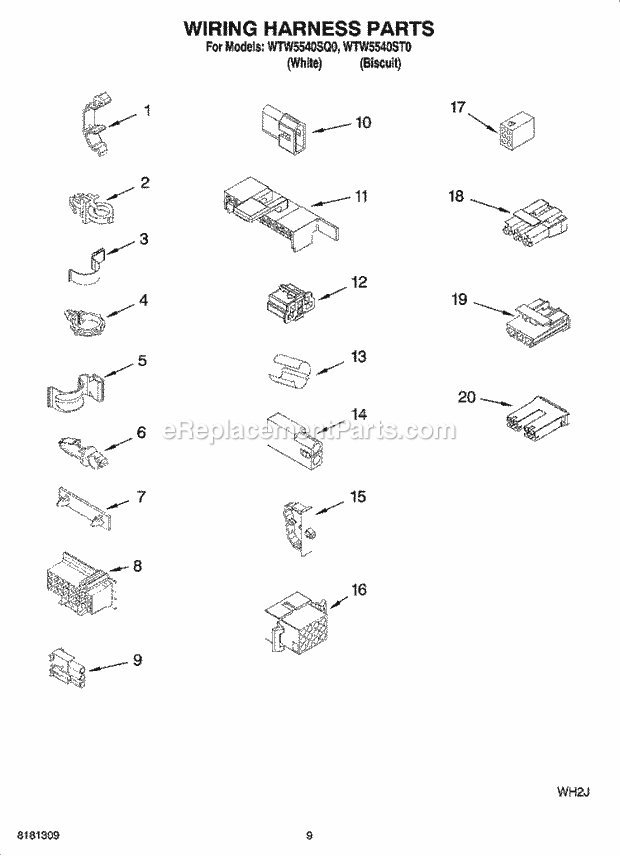 WIRING HARNESS PARTS Diagram and Parts List for  Whirlpool Washer